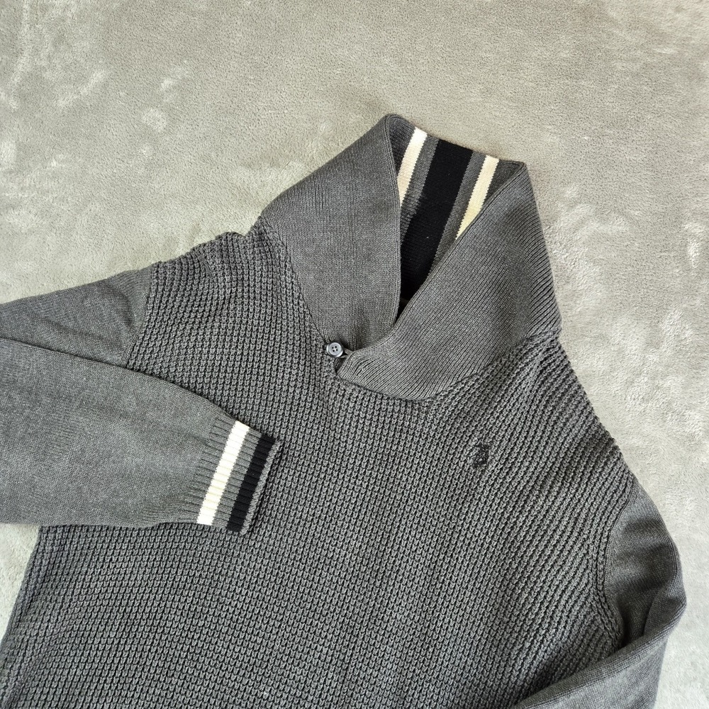 US Polo Assn Sweater Mens Large Gray Waffle Knit Shawl Neck Long Sleeve Workwear
